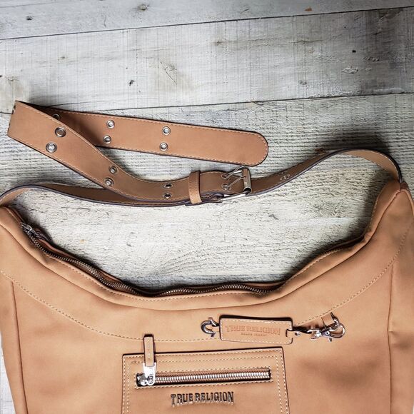 TRUE RELIGION Purse Bag Suede Hobo Crossbody Tan Adjustable Strap Zip Top NEW - Picture 6 of 12